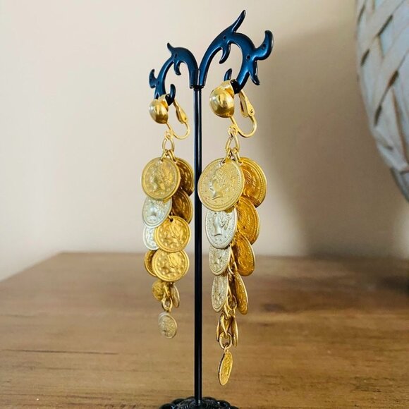Vintage Gold Coin Cascade Dangle Clip-On Earrings Roman Coin - Picture 3 of 5
